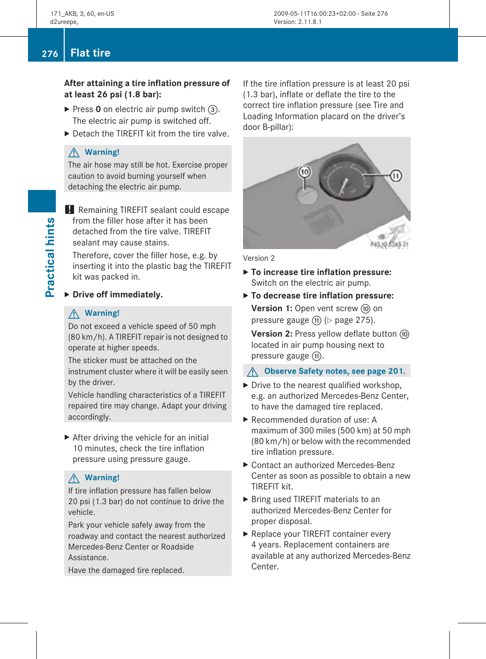 Practical hints, Flat tire | Mercedes-Benz SLK-Class 2011 Owners Manual User Manual | Page 278 / 312