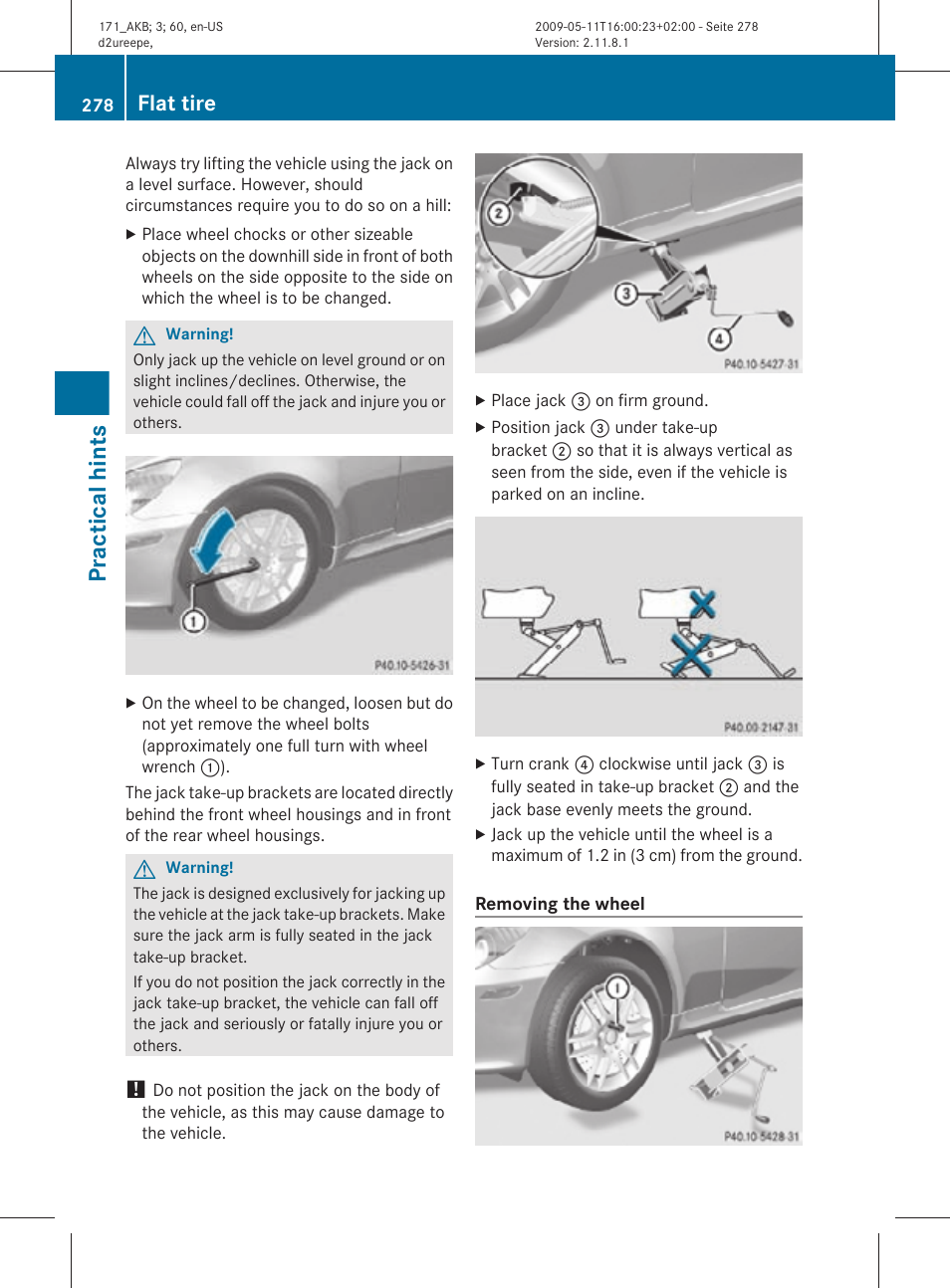 Practical hints, Flat tire | Mercedes-Benz SLK-Class 2011 Owners Manual User Manual | Page 280 / 312