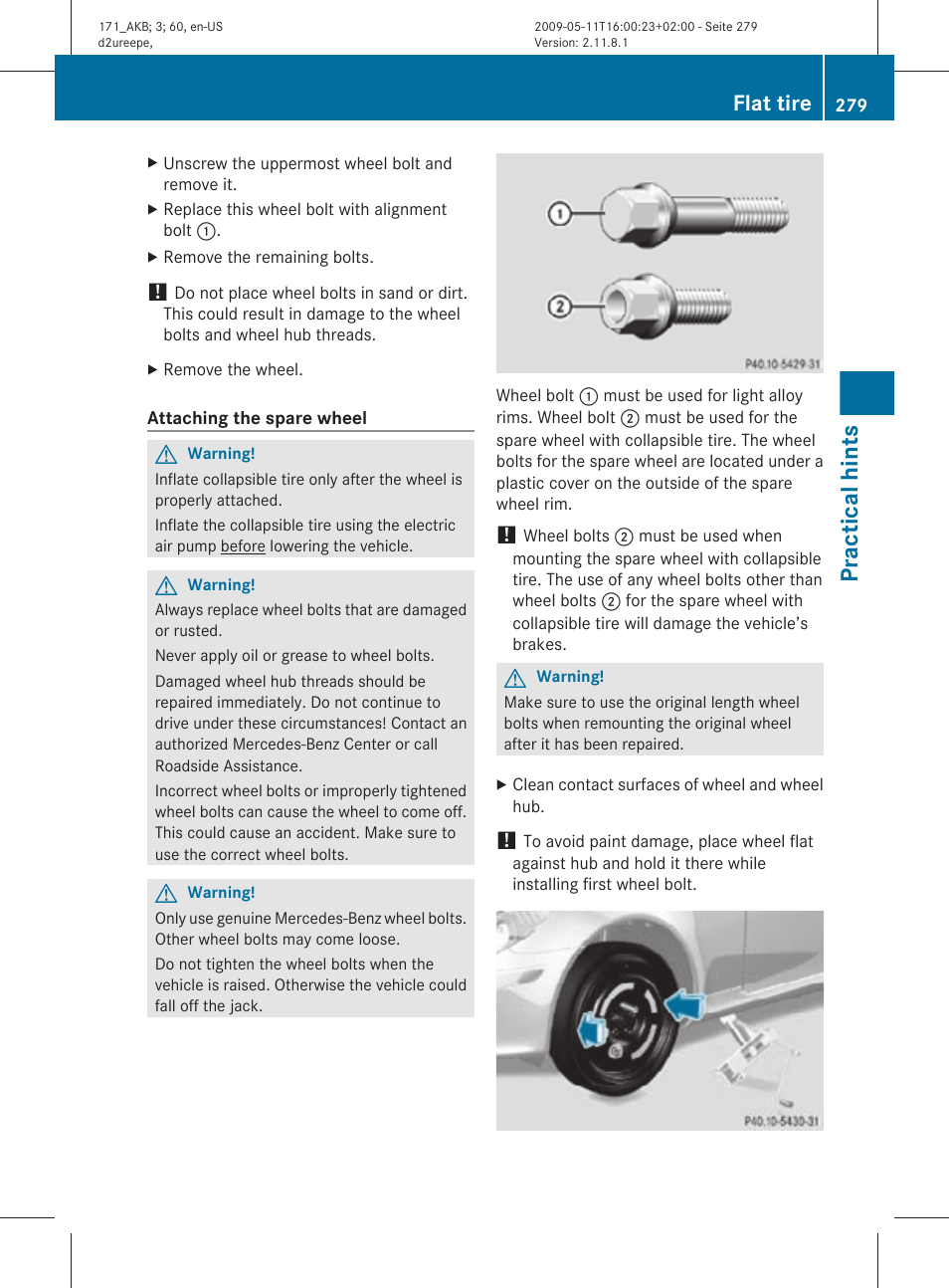 Practical hints, Flat tire | Mercedes-Benz SLK-Class 2011 Owners Manual User Manual | Page 281 / 312