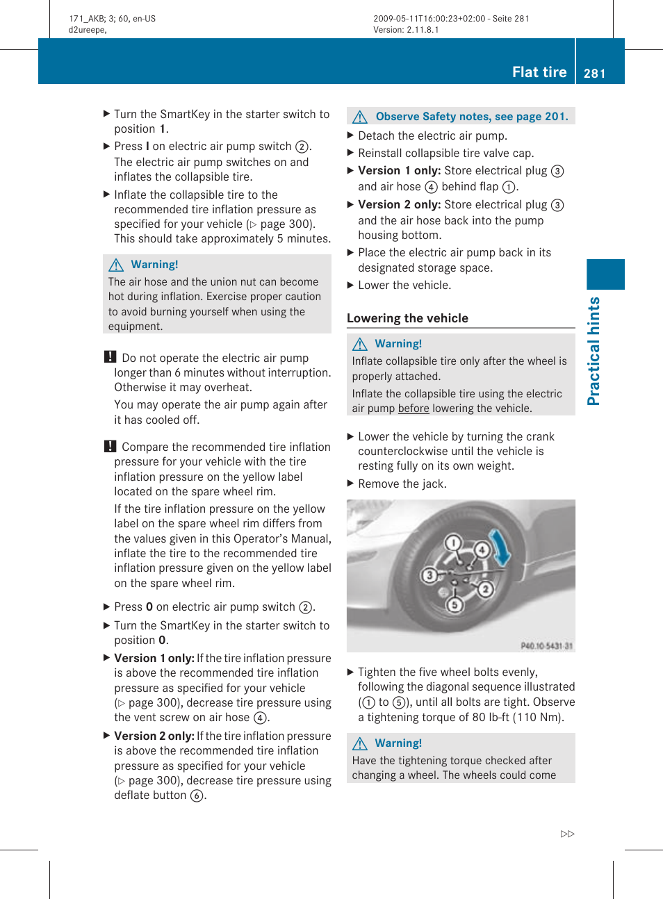 Practical hints, Flat tire | Mercedes-Benz SLK-Class 2011 Owners Manual User Manual | Page 283 / 312