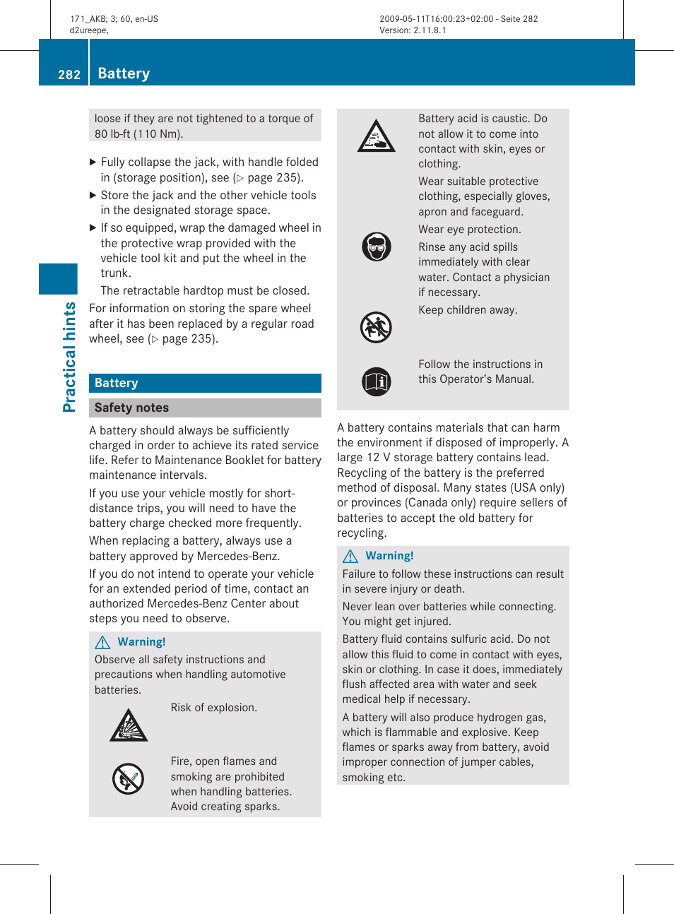 Battery, Safety notes, Practical hints | Mercedes-Benz SLK-Class 2011 Owners Manual User Manual | Page 284 / 312