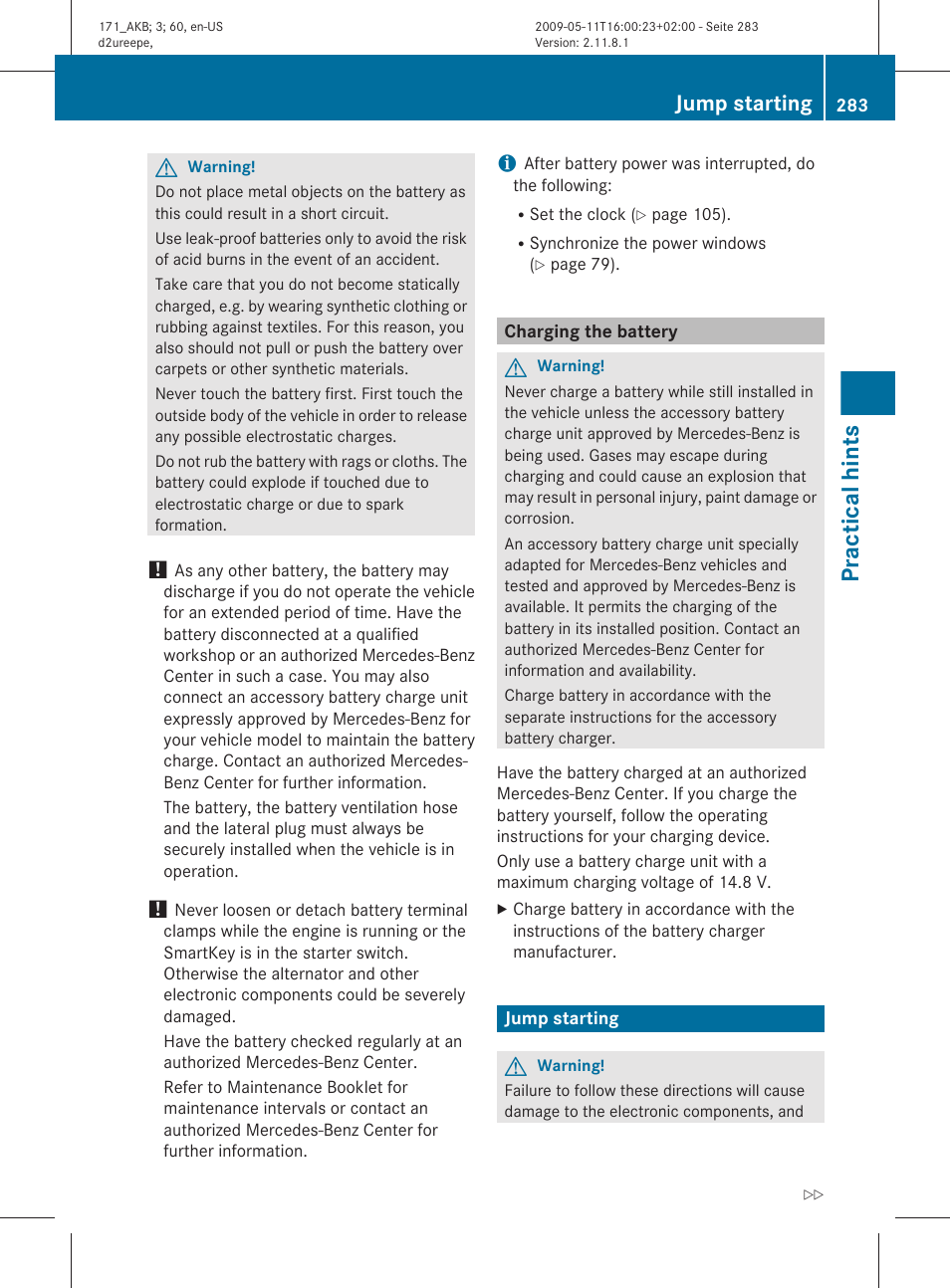 Charging the battery, Jump starting, Necessary | Get a jump start, Practical hints | Mercedes-Benz SLK-Class 2011 Owners Manual User Manual | Page 285 / 312