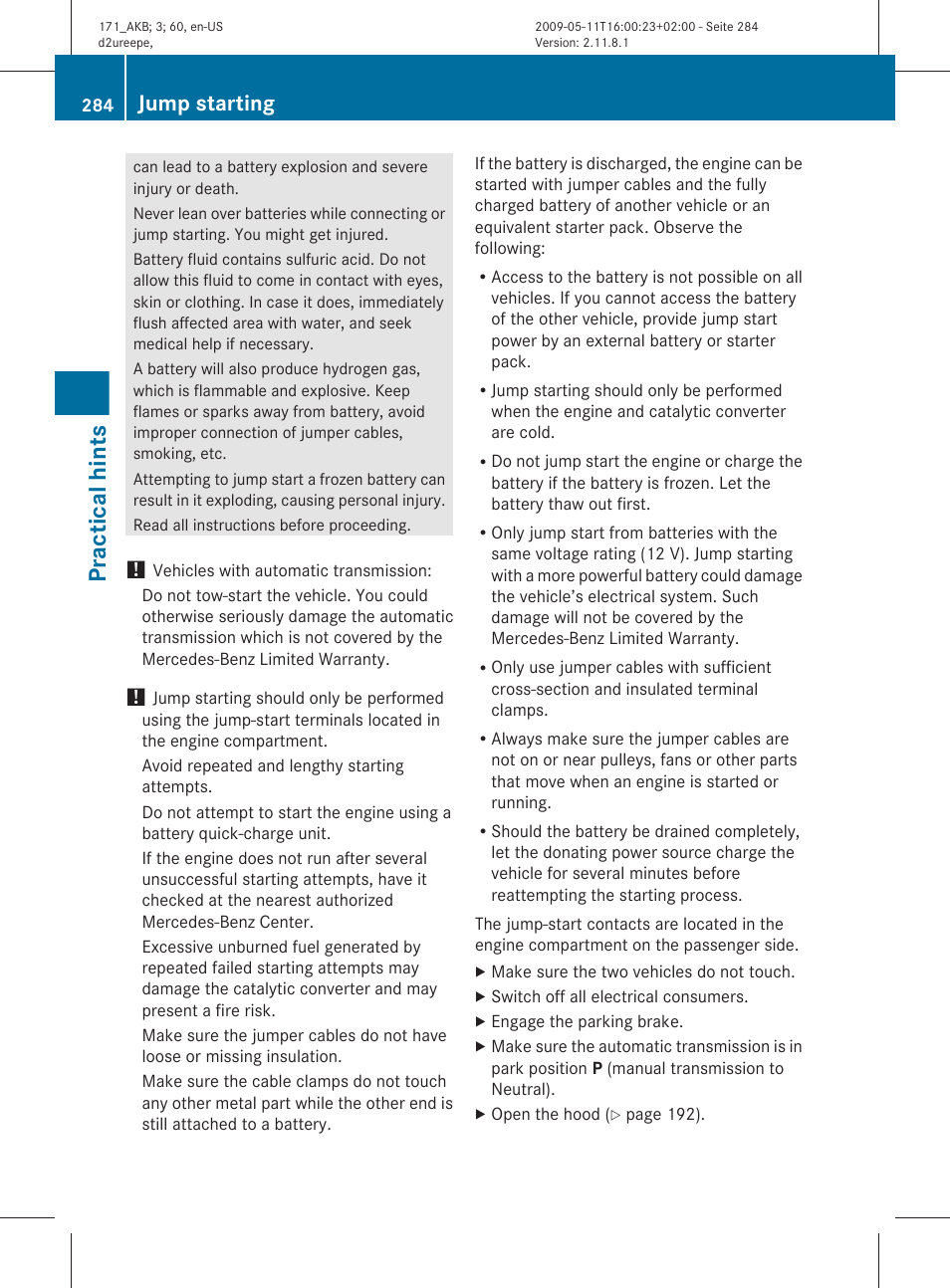 Practical hints, Jump starting | Mercedes-Benz SLK-Class 2011 Owners Manual User Manual | Page 286 / 312