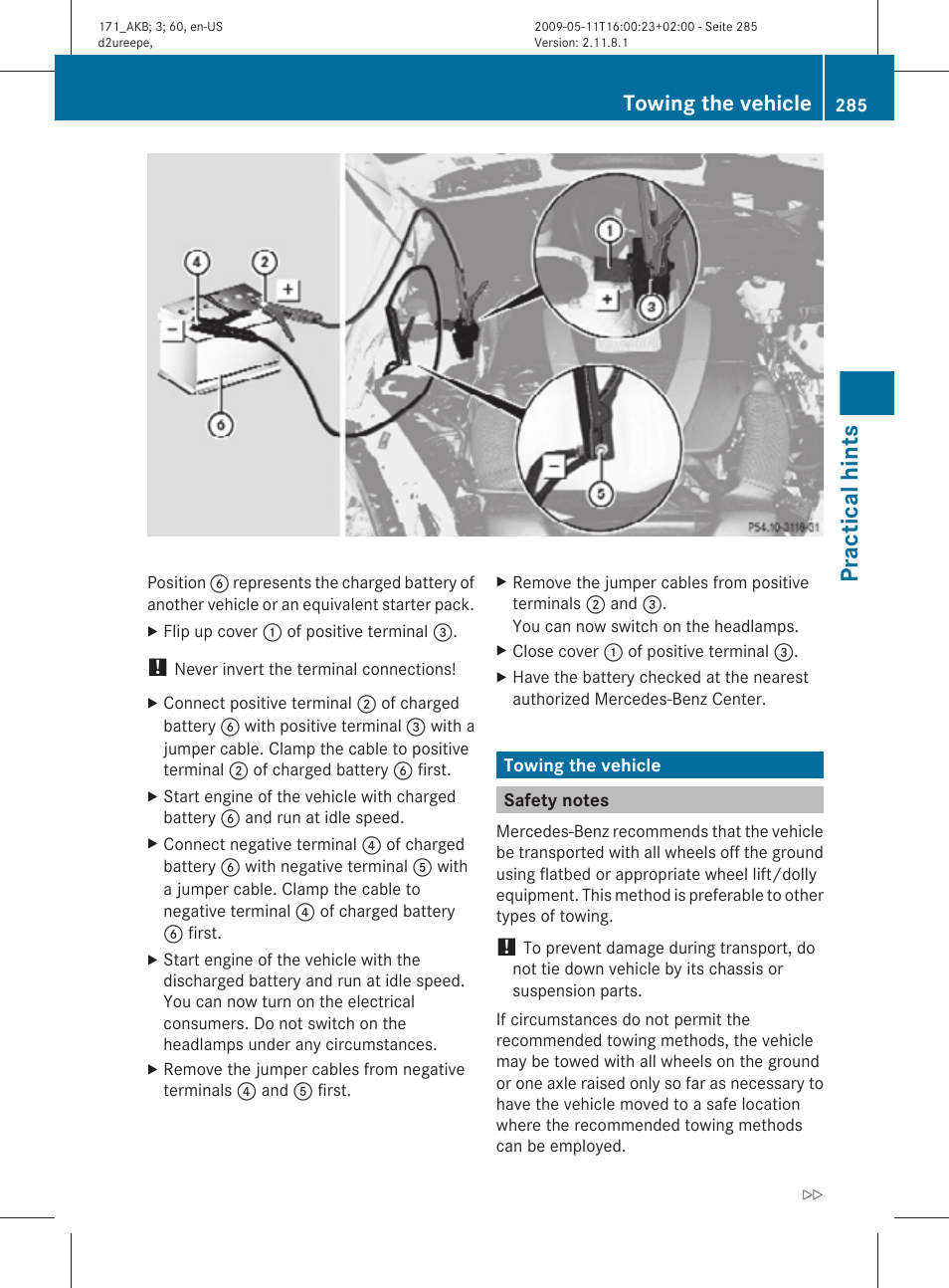 Towing the vehicle, Safety notes, Practical hints | Mercedes-Benz SLK-Class 2011 Owners Manual User Manual | Page 287 / 312