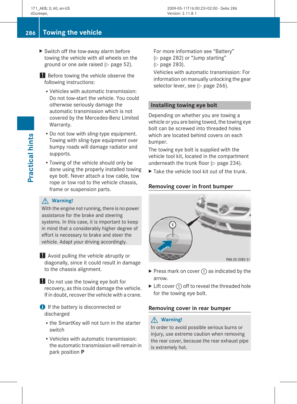 Installing towing eye bolt, Practical hints, Towing the vehicle | Mercedes-Benz SLK-Class 2011 Owners Manual User Manual | Page 288 / 312