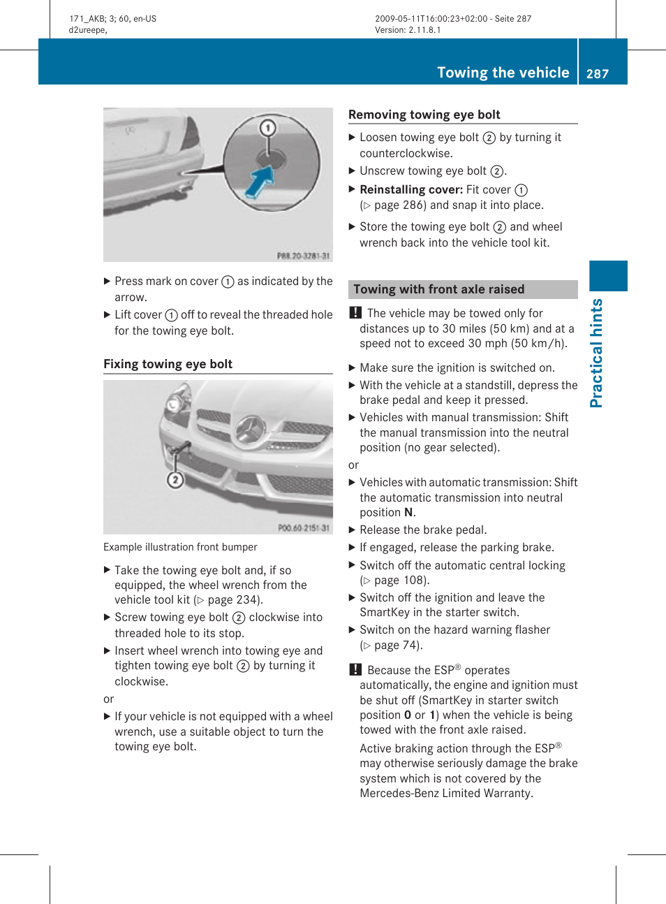 Towing with front axle raised, Practical hints, Towing the vehicle | Mercedes-Benz SLK-Class 2011 Owners Manual User Manual | Page 289 / 312