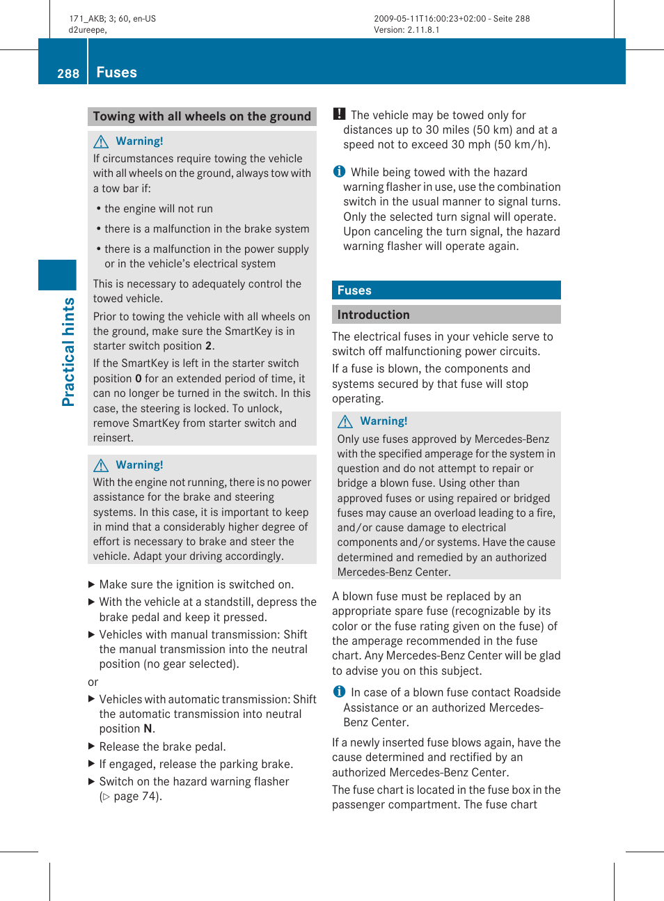 Towing with all wheels on the ground, Fuses, Introduction | Practical hints | Mercedes-Benz SLK-Class 2011 Owners Manual User Manual | Page 290 / 312