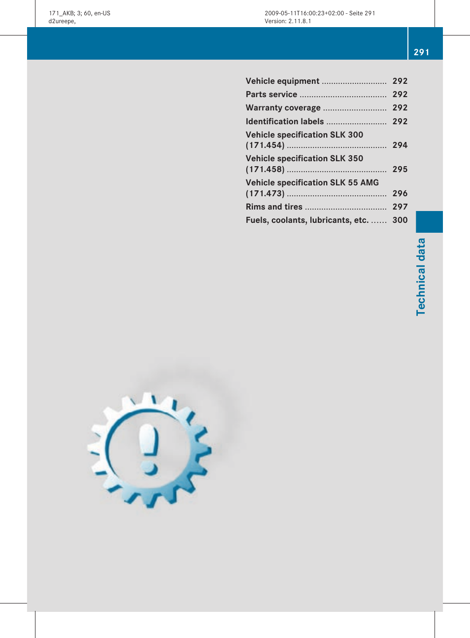 Technical data | Mercedes-Benz SLK-Class 2011 Owners Manual User Manual | Page 293 / 312