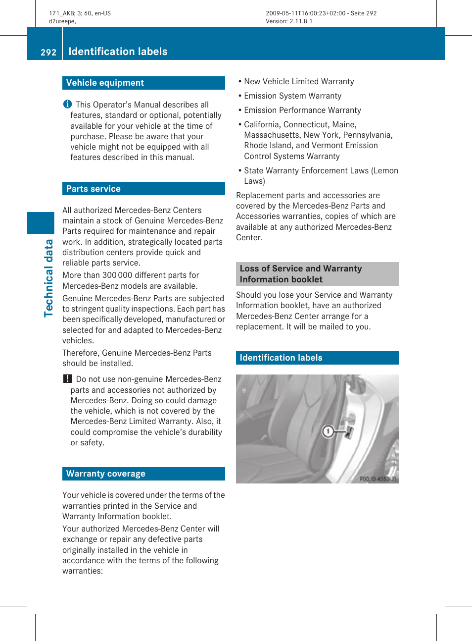 Technical data, Vehicle equipment, Parts service | Warranty coverage, Loss of service and warranty information booklet, Identification labels | Mercedes-Benz SLK-Class 2011 Owners Manual User Manual | Page 294 / 312