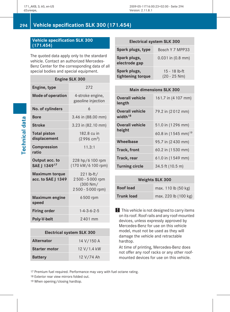 Vehicle specification slk 300 (171.454), Technical data | Mercedes-Benz SLK-Class 2011 Owners Manual User Manual | Page 296 / 312