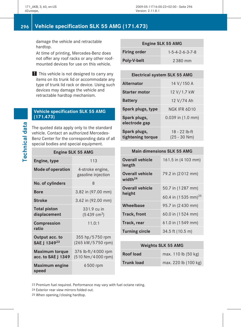 Vehicle specification slk 55 amg (171.473), Technical data | Mercedes-Benz SLK-Class 2011 Owners Manual User Manual | Page 298 / 312