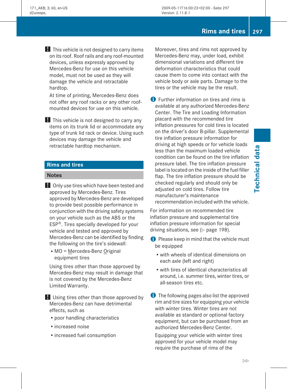 Rims and tires, Notes, Section | All wheel/tire combinations, Technical data | Mercedes-Benz SLK-Class 2011 Owners Manual User Manual | Page 299 / 312