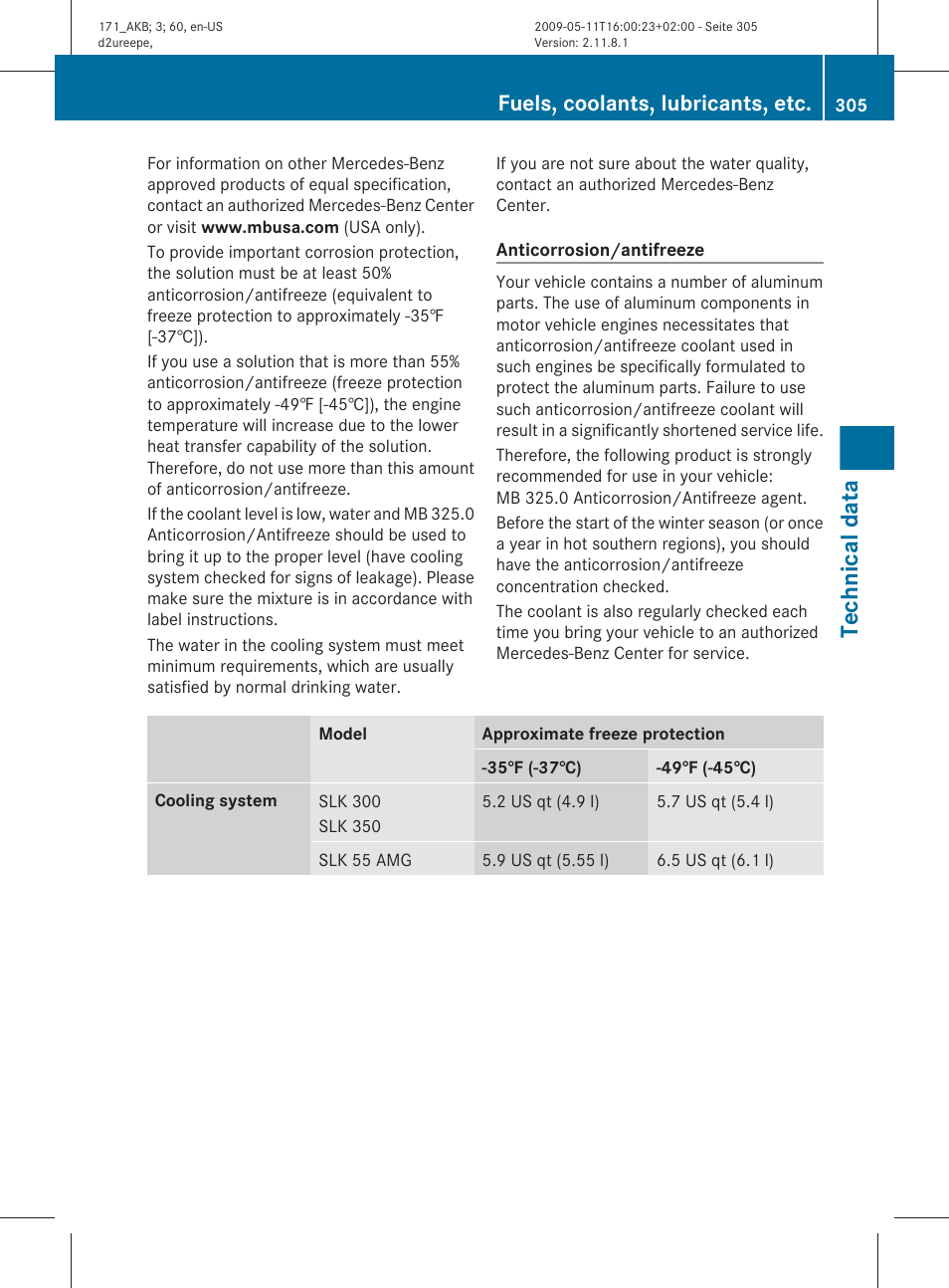 Technical data, Fuels, coolants, lubricants, etc | Mercedes-Benz SLK-Class 2011 Owners Manual User Manual | Page 307 / 312