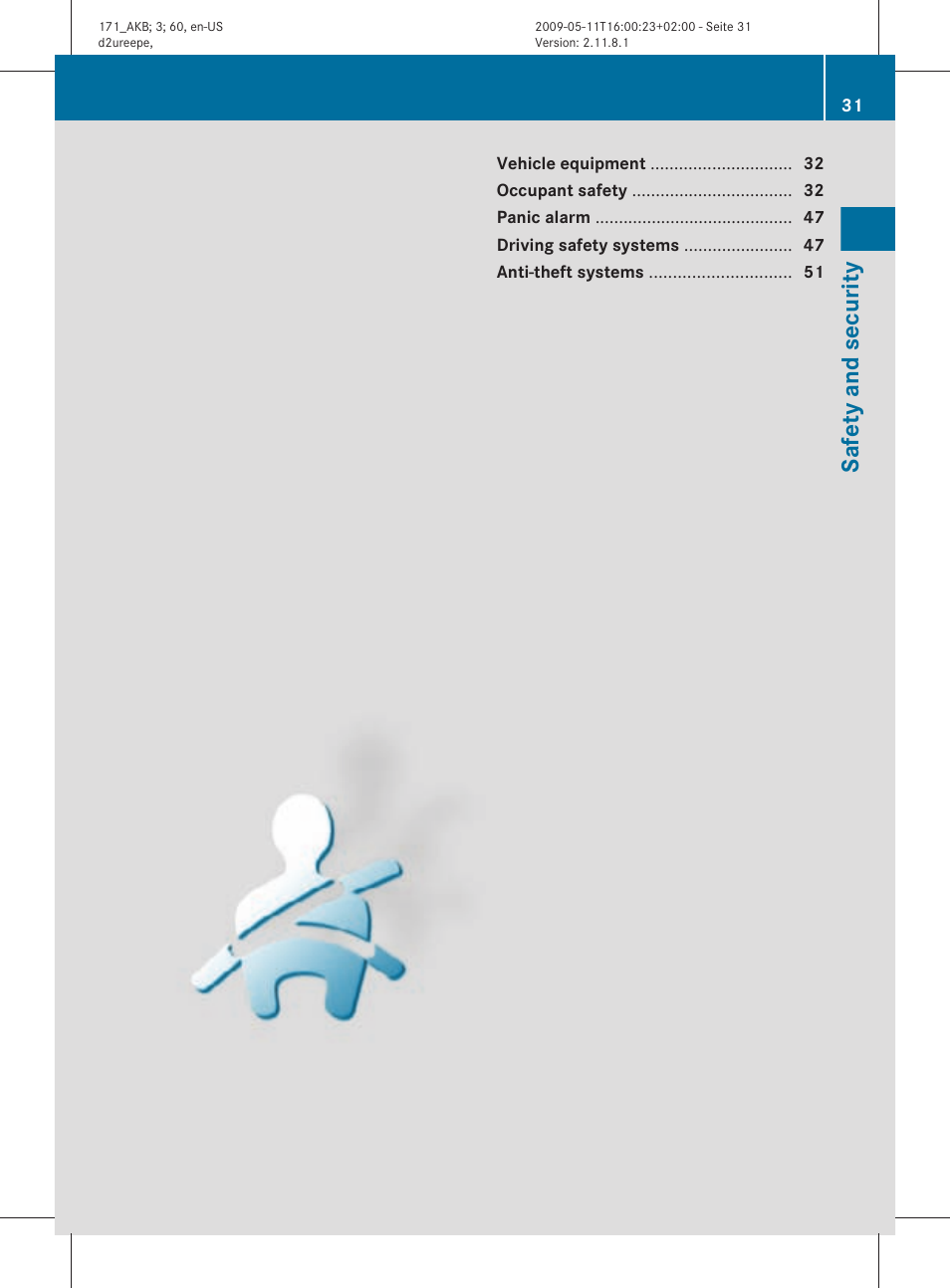 Safety and security | Mercedes-Benz SLK-Class 2011 Owners Manual User Manual | Page 33 / 312