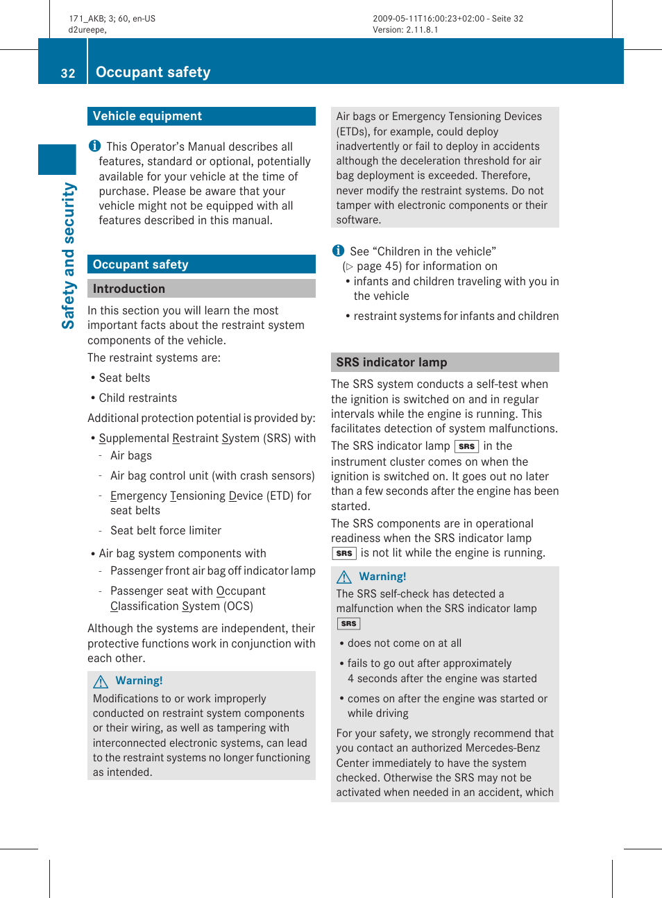 Safety and security, Vehicle equipment, Occupant safety | Introduction, Srs indicator lamp | Mercedes-Benz SLK-Class 2011 Owners Manual User Manual | Page 34 / 312