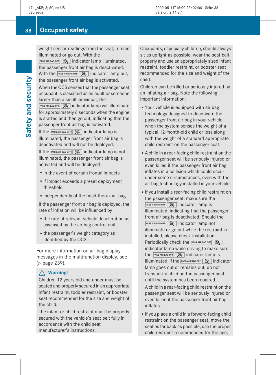 Safety and security, Occupant safety | Mercedes-Benz SLK-Class 2011 Owners Manual User Manual | Page 40 / 312