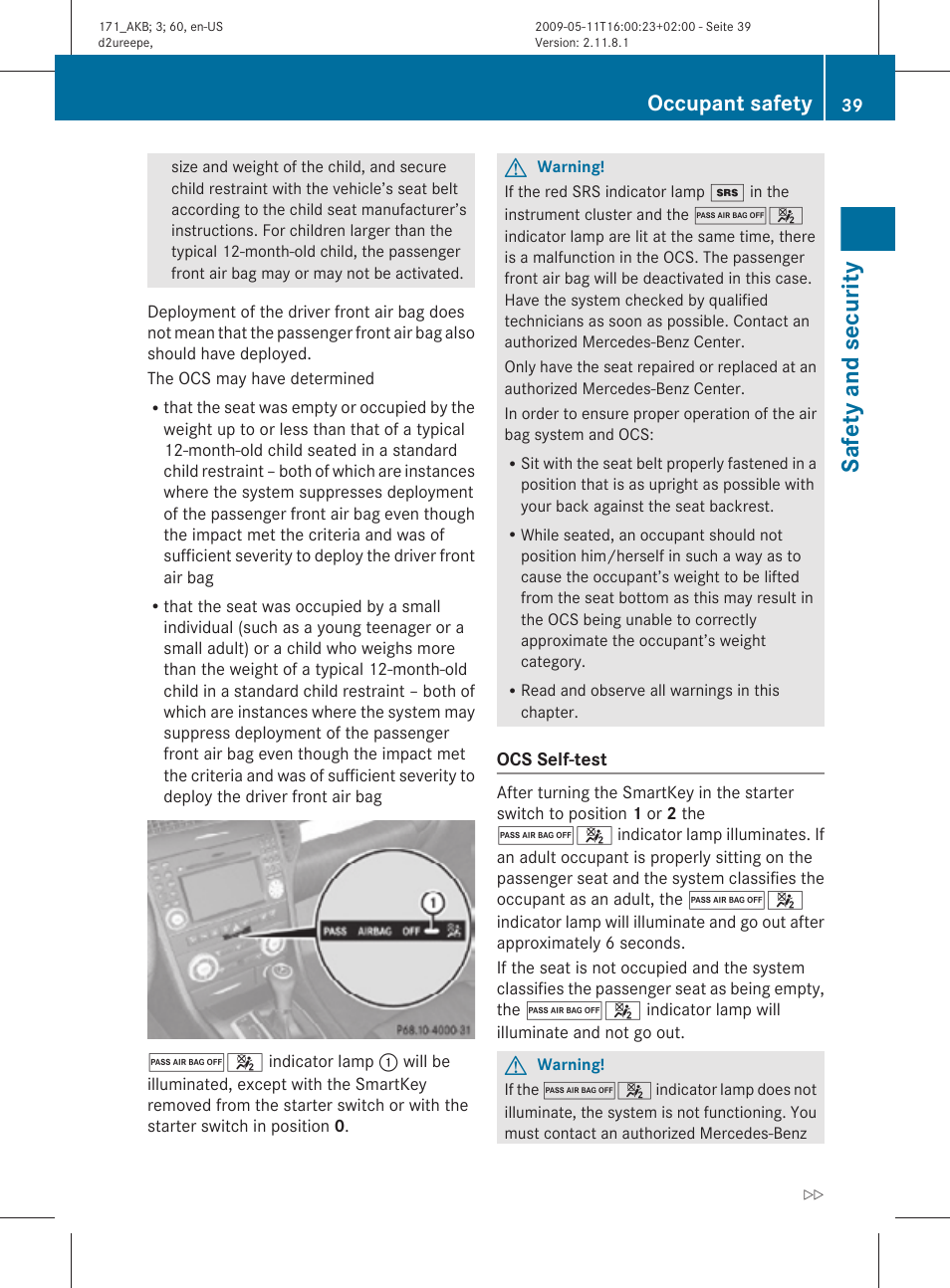 Safety and security, Occupant safety | Mercedes-Benz SLK-Class 2011 Owners Manual User Manual | Page 41 / 312