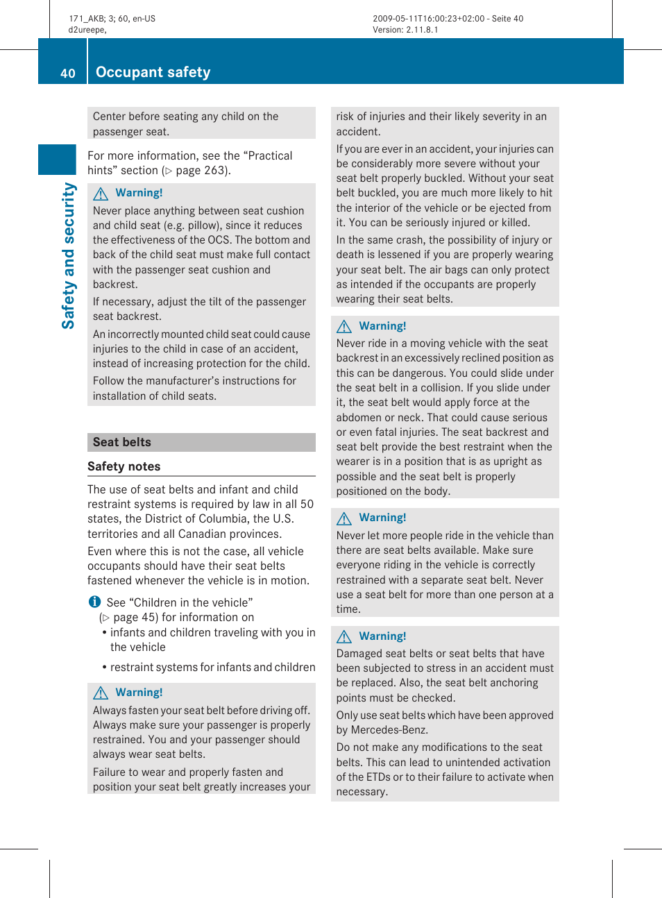 Seat belts, Safety and security, Occupant safety | Mercedes-Benz SLK-Class 2011 Owners Manual User Manual | Page 42 / 312