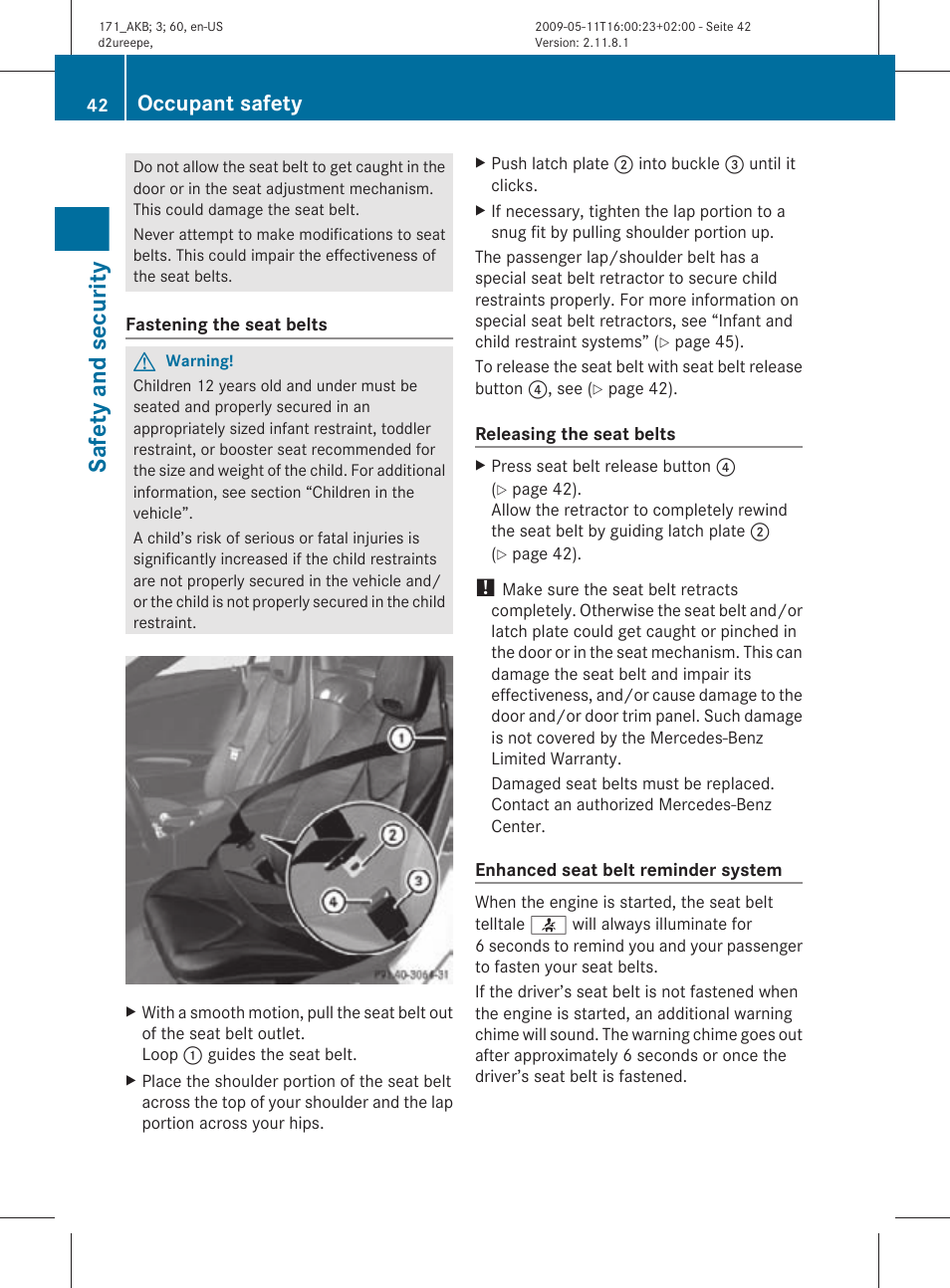 Safety and security, Occupant safety | Mercedes-Benz SLK-Class 2011 Owners Manual User Manual | Page 44 / 312