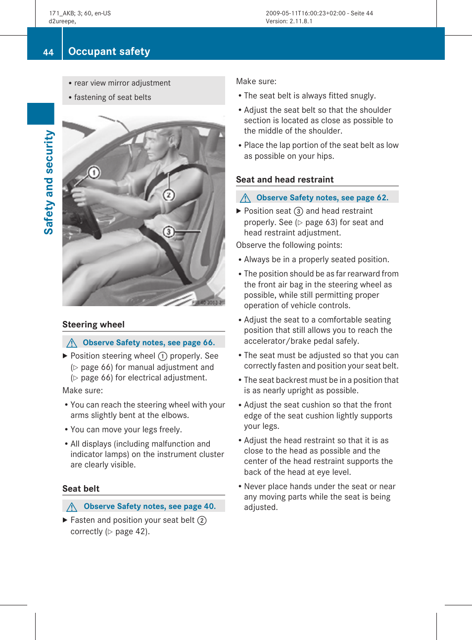 Safety and security, Occupant safety | Mercedes-Benz SLK-Class 2011 Owners Manual User Manual | Page 46 / 312