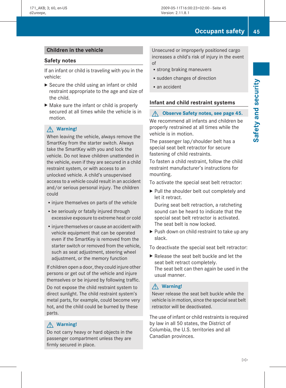 Children in the vehicle, Child restraint systems, Safety and security | Occupant safety | Mercedes-Benz SLK-Class 2011 Owners Manual User Manual | Page 47 / 312