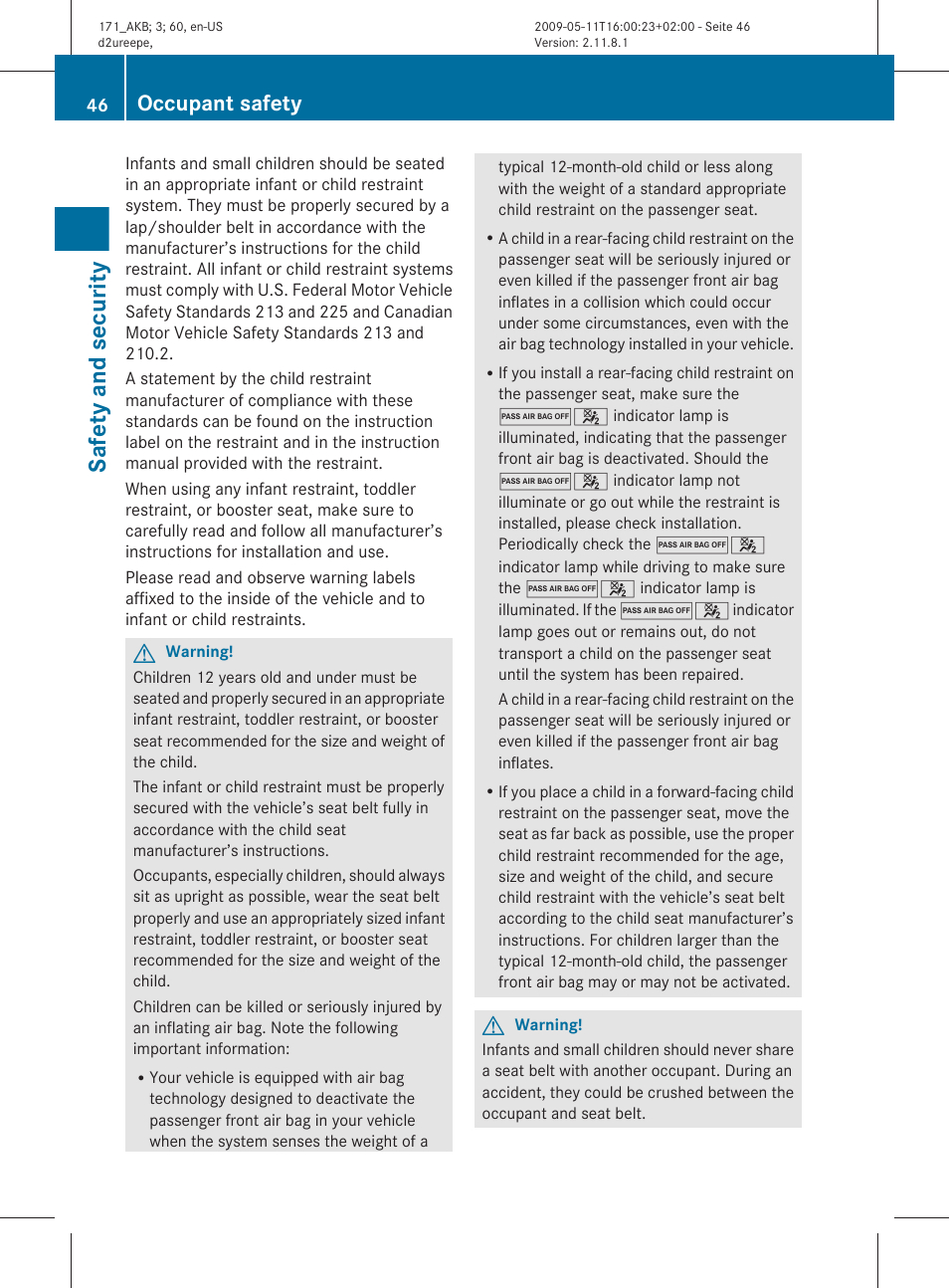 Safety and security, Occupant safety | Mercedes-Benz SLK-Class 2011 Owners Manual User Manual | Page 48 / 312