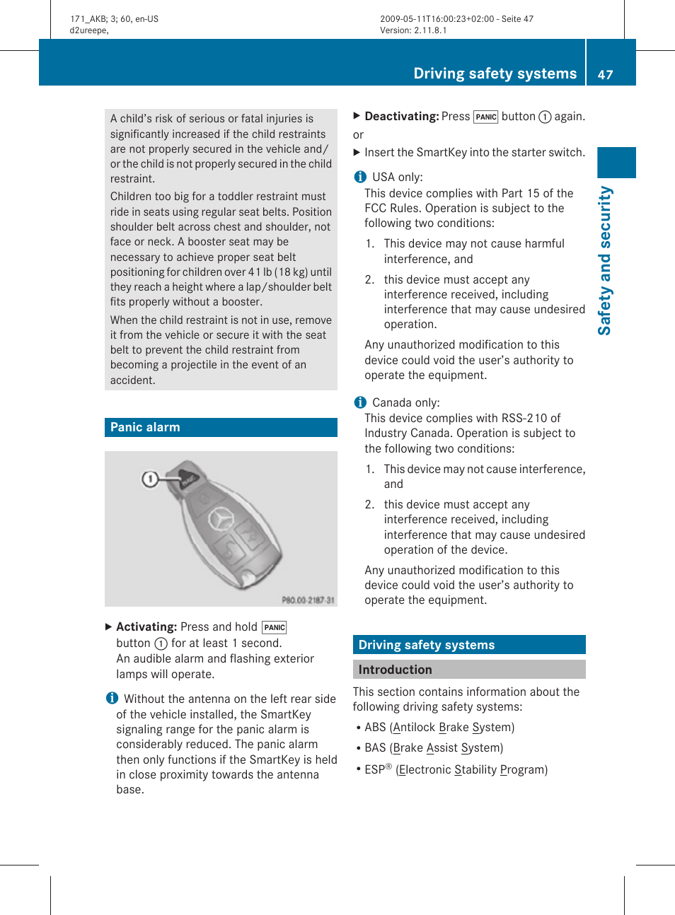 Panic alarm, Driving safety systems, Introduction | Safety and security | Mercedes-Benz SLK-Class 2011 Owners Manual User Manual | Page 49 / 312