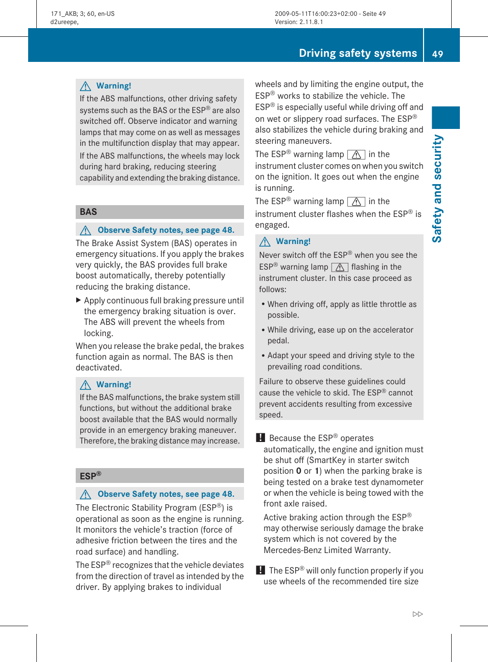 Safety and security, Driving safety systems | Mercedes-Benz SLK-Class 2011 Owners Manual User Manual | Page 51 / 312