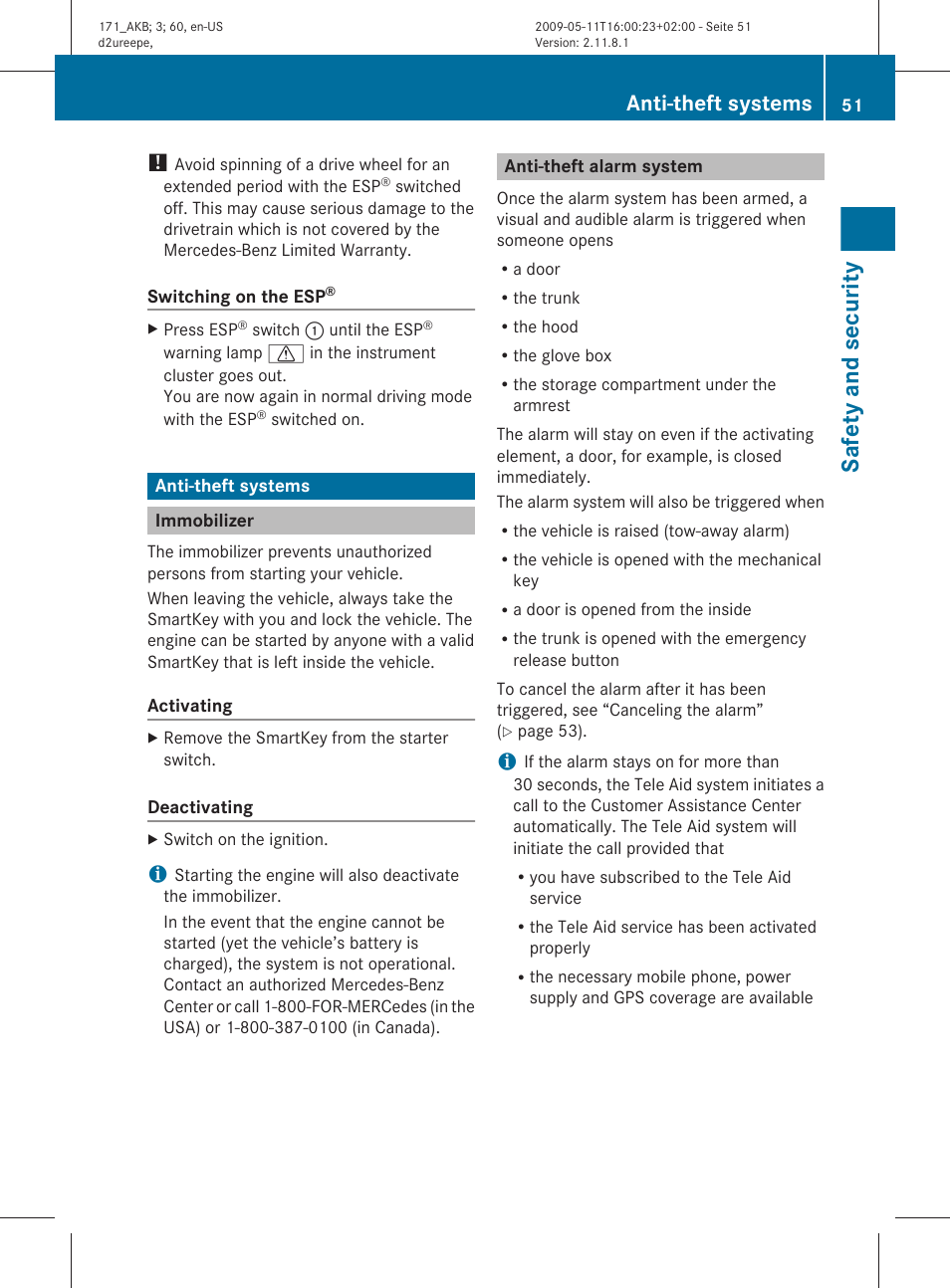 Anti-theft systems, Immobilizer, Anti-theft alarm system | Safety and security | Mercedes-Benz SLK-Class 2011 Owners Manual User Manual | Page 53 / 312