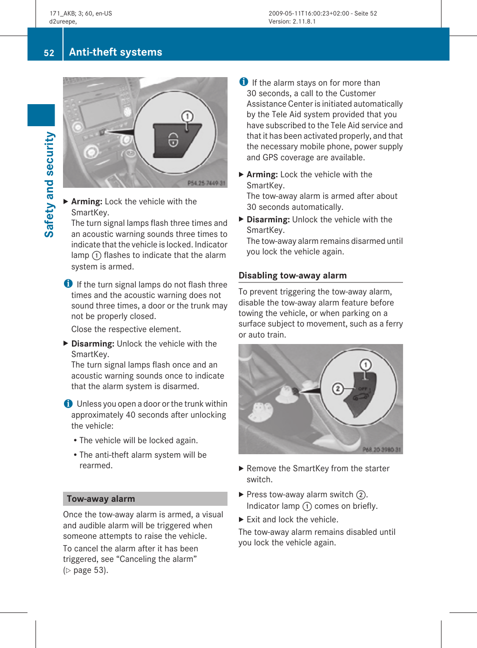 Tow-away alarm, Safety and security, Anti-theft systems | Mercedes-Benz SLK-Class 2011 Owners Manual User Manual | Page 54 / 312