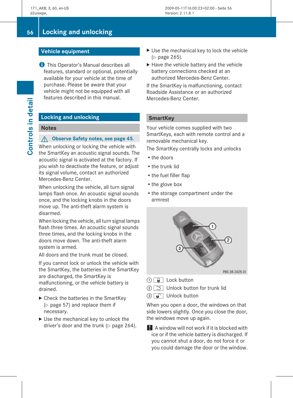 Controls in detail, Vehicle equipment, Locking and unlocking | Notes, Smartkey | Mercedes-Benz SLK-Class 2011 Owners Manual User Manual | Page 58 / 312