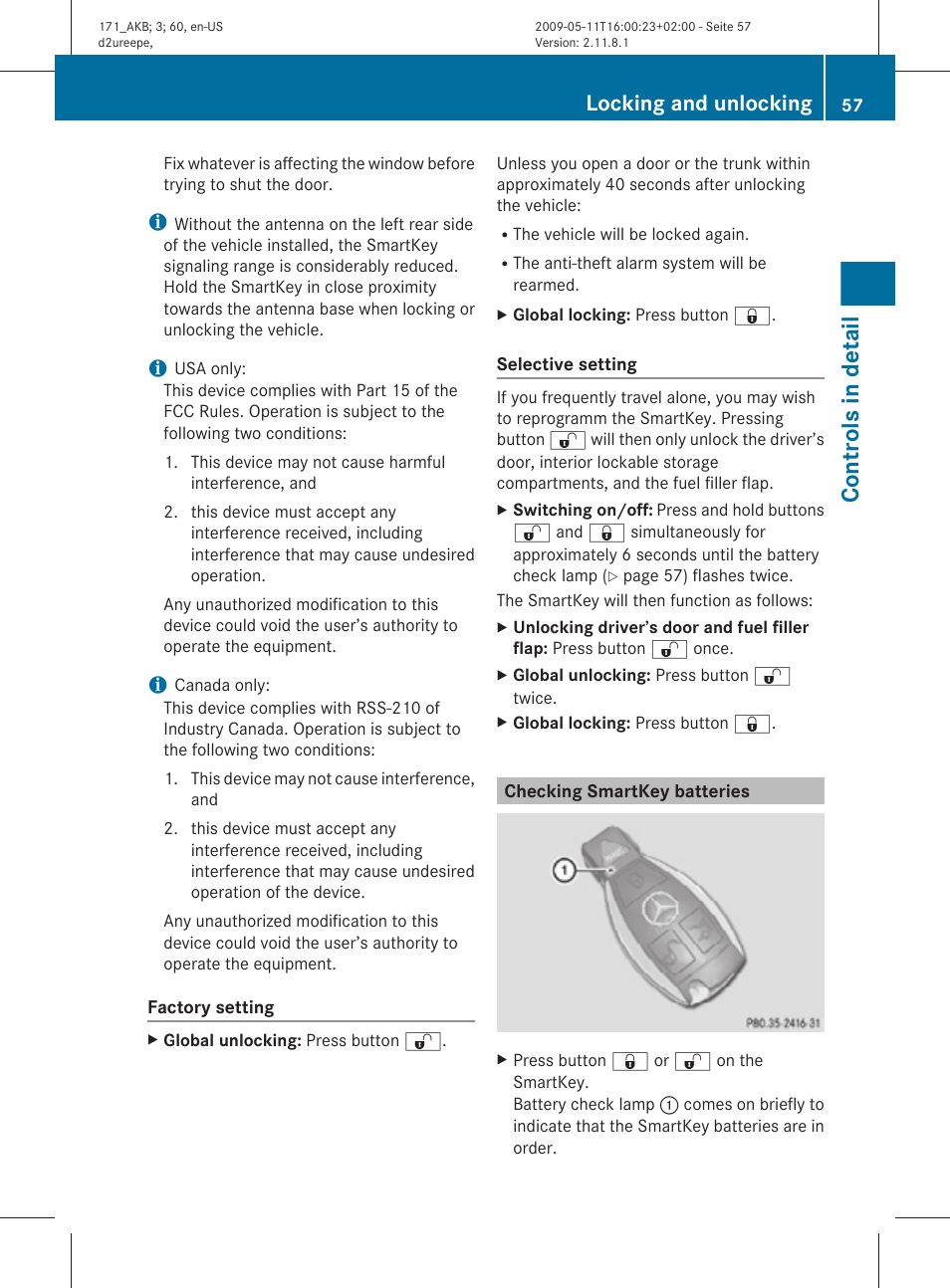 Checking smartkey batteries, Controls in detail, Locking and unlocking | Mercedes-Benz SLK-Class 2011 Owners Manual User Manual | Page 59 / 312