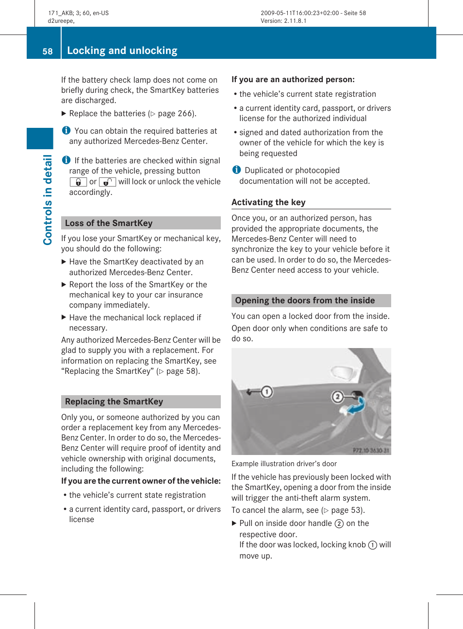 Loss of the smartkey, Replacing the smartkey, Opening the doors from the inside | Controls in detail, Locking and unlocking | Mercedes-Benz SLK-Class 2011 Owners Manual User Manual | Page 60 / 312