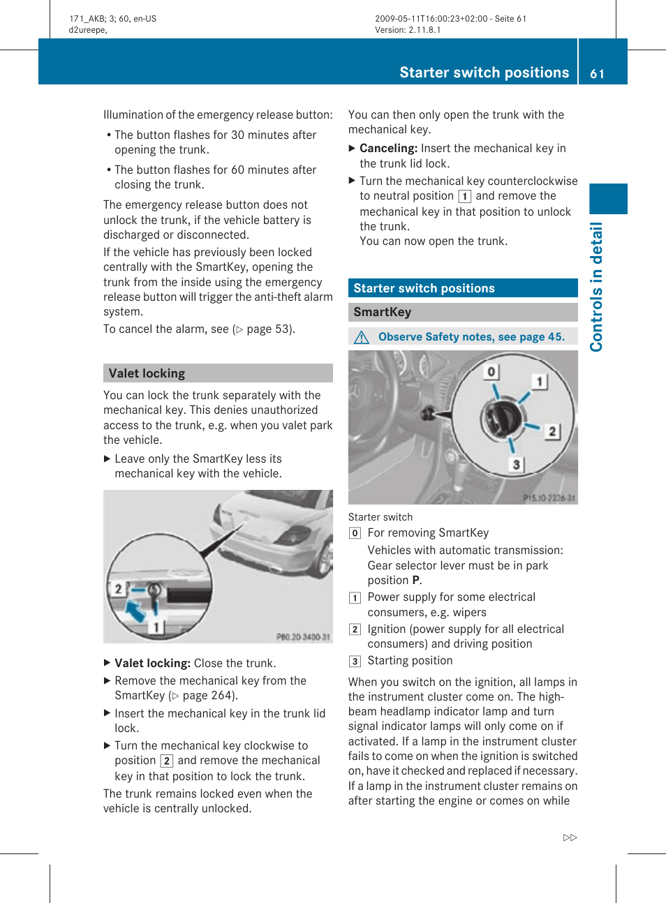 Valet locking, Starter switch positions, Smartkey | Controls in detail | Mercedes-Benz SLK-Class 2011 Owners Manual User Manual | Page 63 / 312