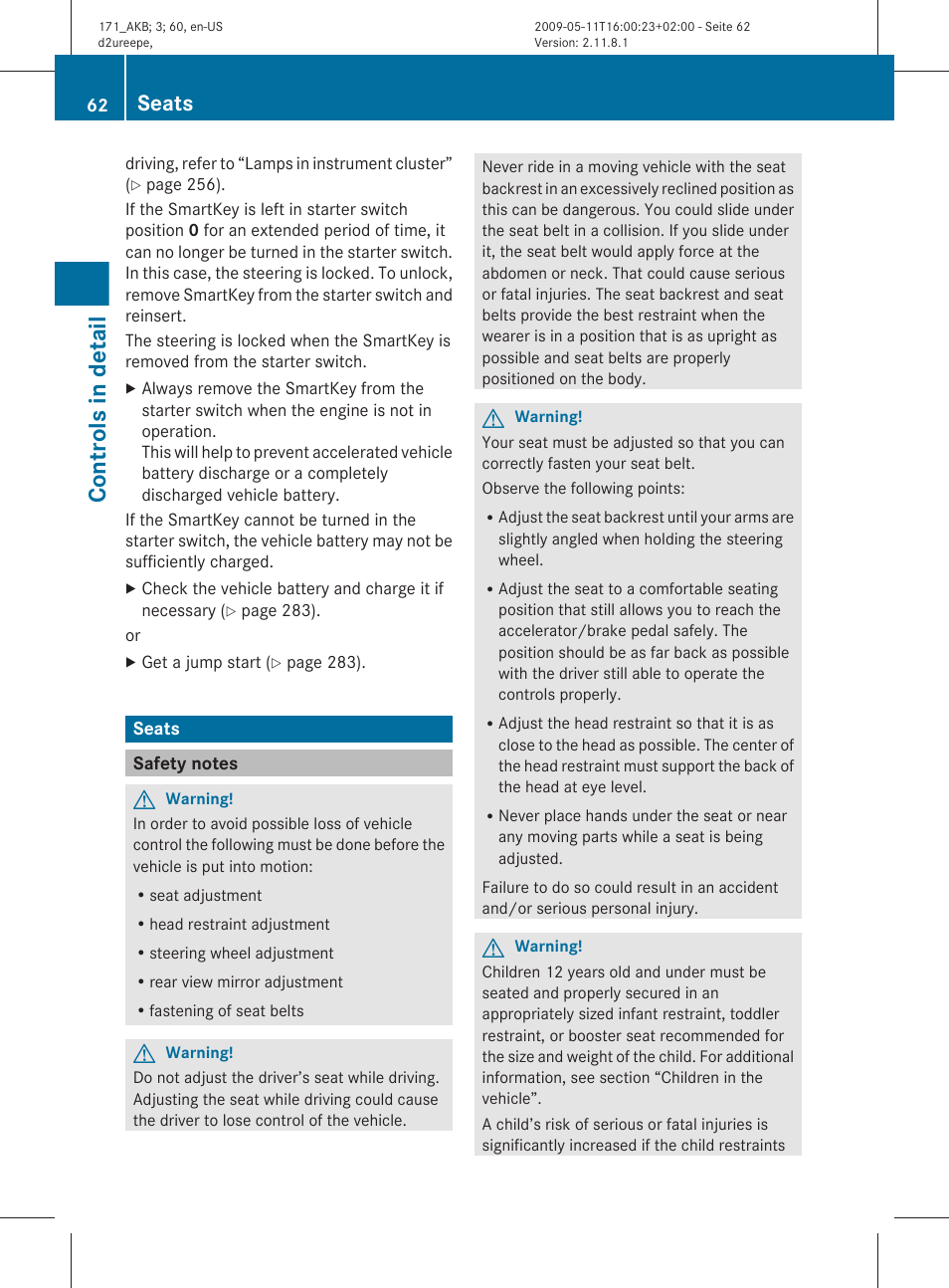 Seats, Safety notes, Controls in detail | Mercedes-Benz SLK-Class 2011 Owners Manual User Manual | Page 64 / 312