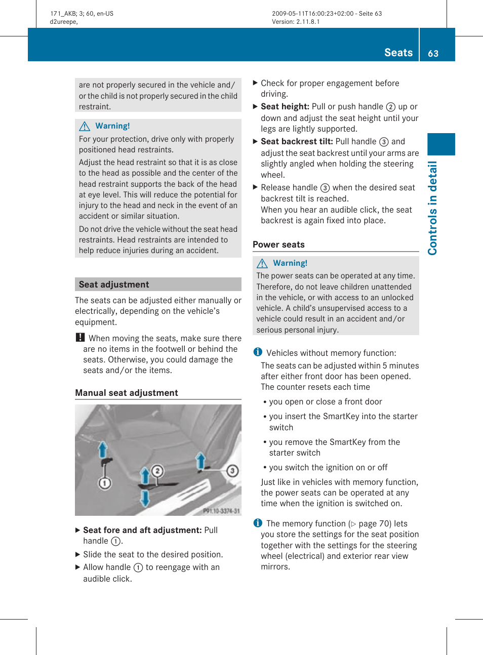 Seat adjustment, Properly. see, Controls in detail | Seats | Mercedes-Benz SLK-Class 2011 Owners Manual User Manual | Page 65 / 312