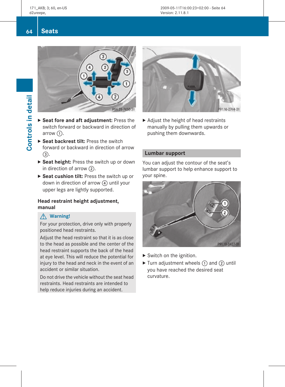 Lumbar support, Controls in detail, Seats | Mercedes-Benz SLK-Class 2011 Owners Manual User Manual | Page 66 / 312