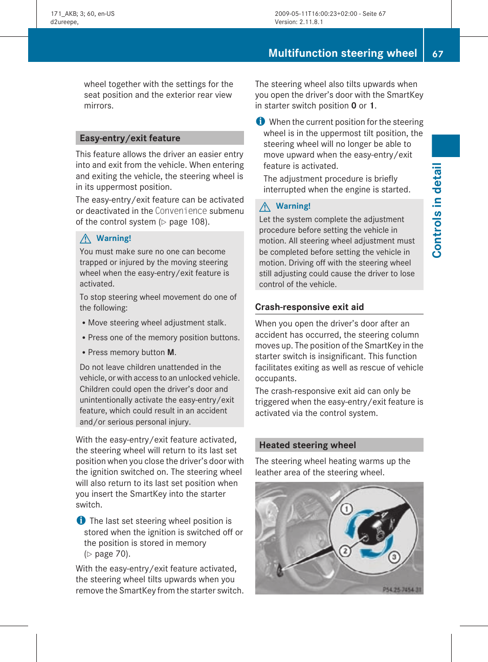 Easy-entry/exit feature, Heated steering wheel, Controls in detail | Multifunction steering wheel | Mercedes-Benz SLK-Class 2011 Owners Manual User Manual | Page 69 / 312