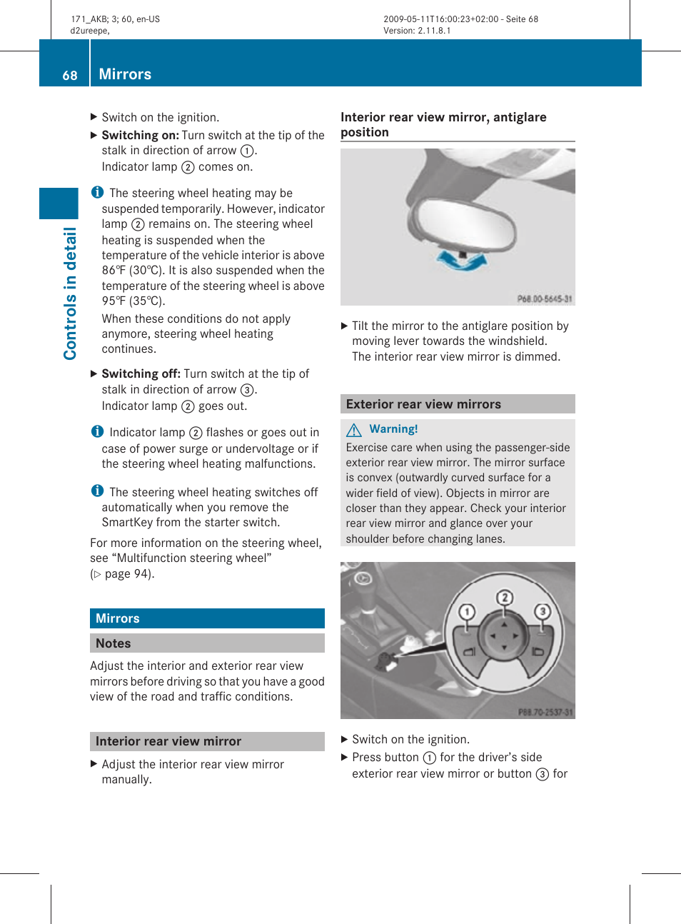 Mirrors, Notes, Interior rear view mirror | Exterior rear view mirrors, Controls in detail | Mercedes-Benz SLK-Class 2011 Owners Manual User Manual | Page 70 / 312