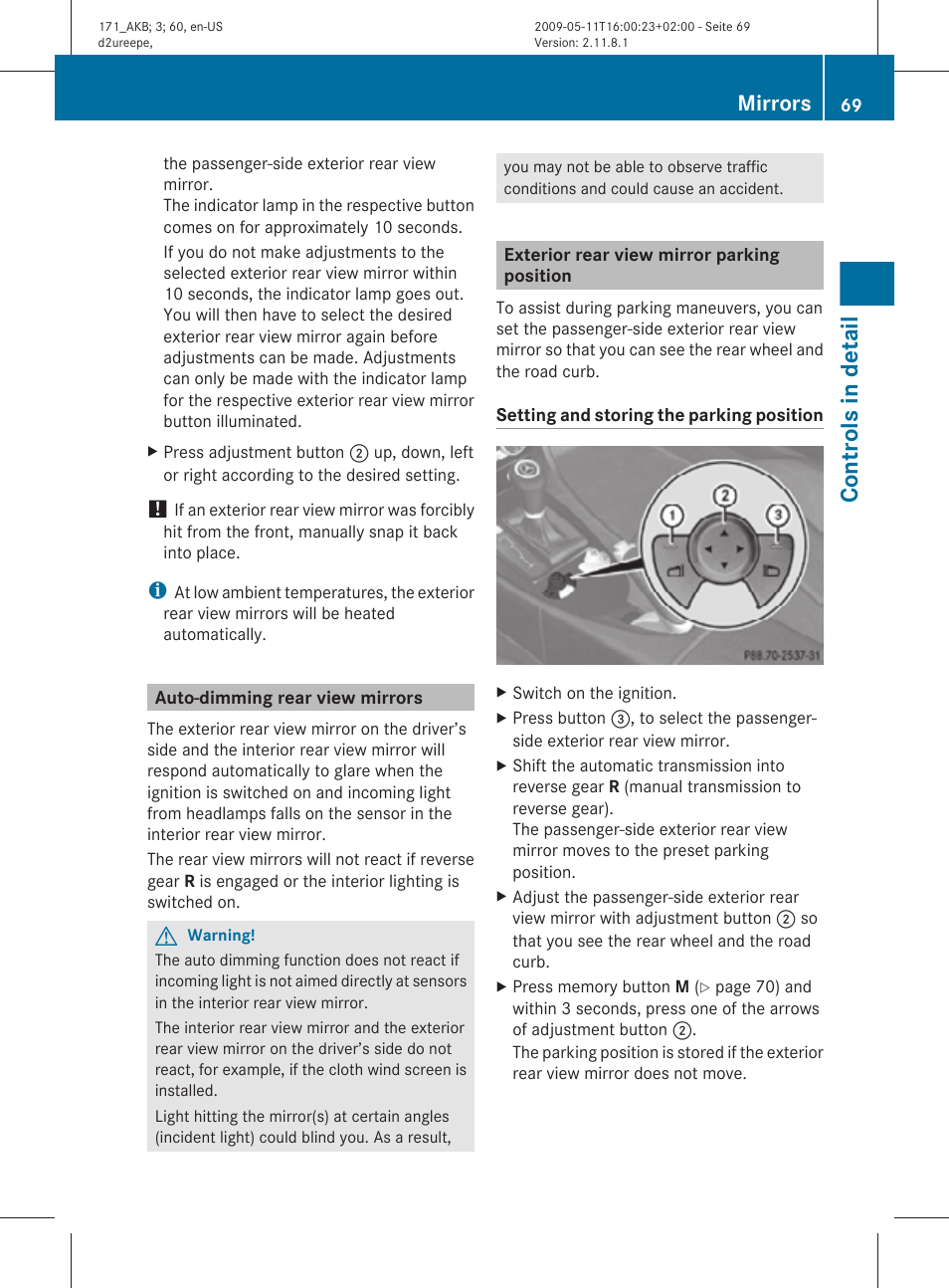 Auto-dimming rear view mirrors, Exterior rear view mirror parking position, Controls in detail | Mirrors | Mercedes-Benz SLK-Class 2011 Owners Manual User Manual | Page 71 / 312