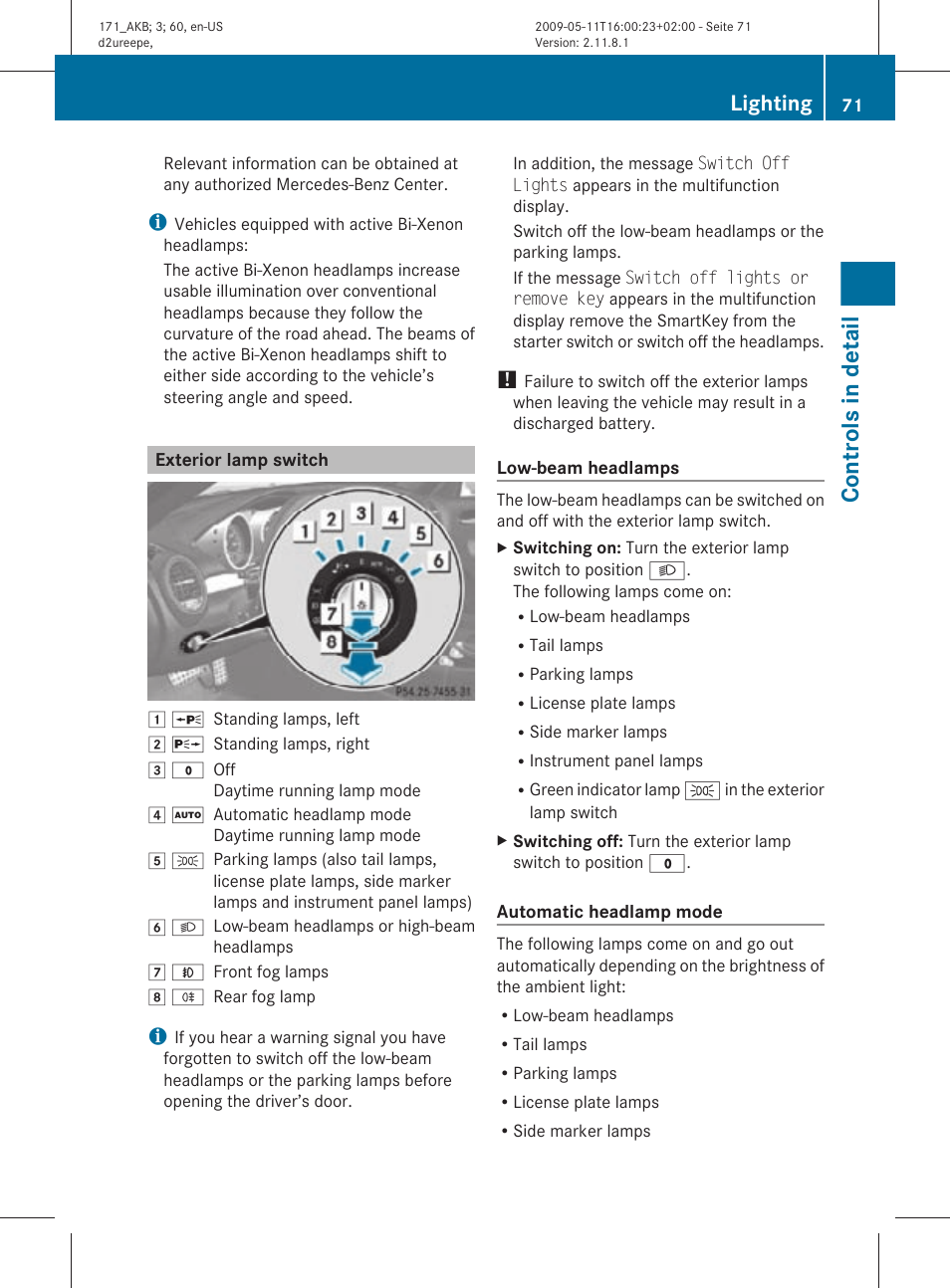 Exterior lamp switch, Controls in detail, Lighting | Mercedes-Benz SLK-Class 2011 Owners Manual User Manual | Page 73 / 312