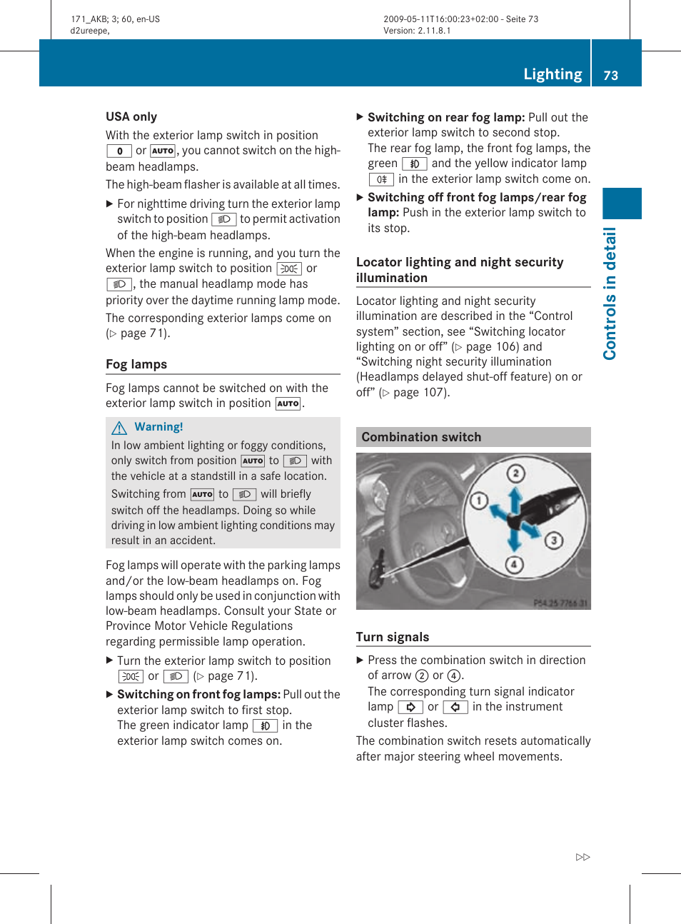 Combination switch, Controls in detail, Lighting | Mercedes-Benz SLK-Class 2011 Owners Manual User Manual | Page 75 / 312