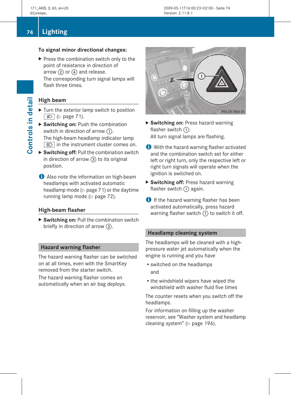 Hazard warning flasher, Headlamp cleaning system, Controls in detail | Lighting | Mercedes-Benz SLK-Class 2011 Owners Manual User Manual | Page 76 / 312