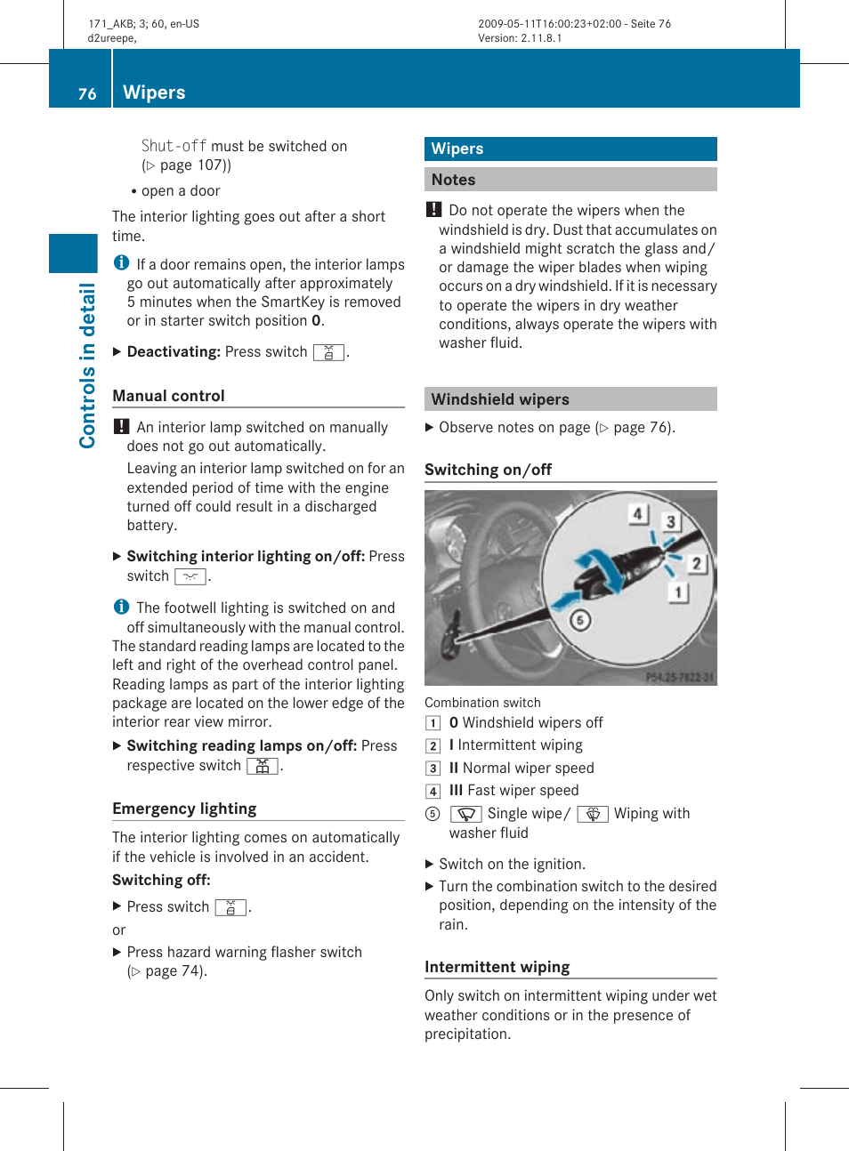 Wipers, Notes, Windshield wipers | Controls in detail | Mercedes-Benz SLK-Class 2011 Owners Manual User Manual | Page 78 / 312