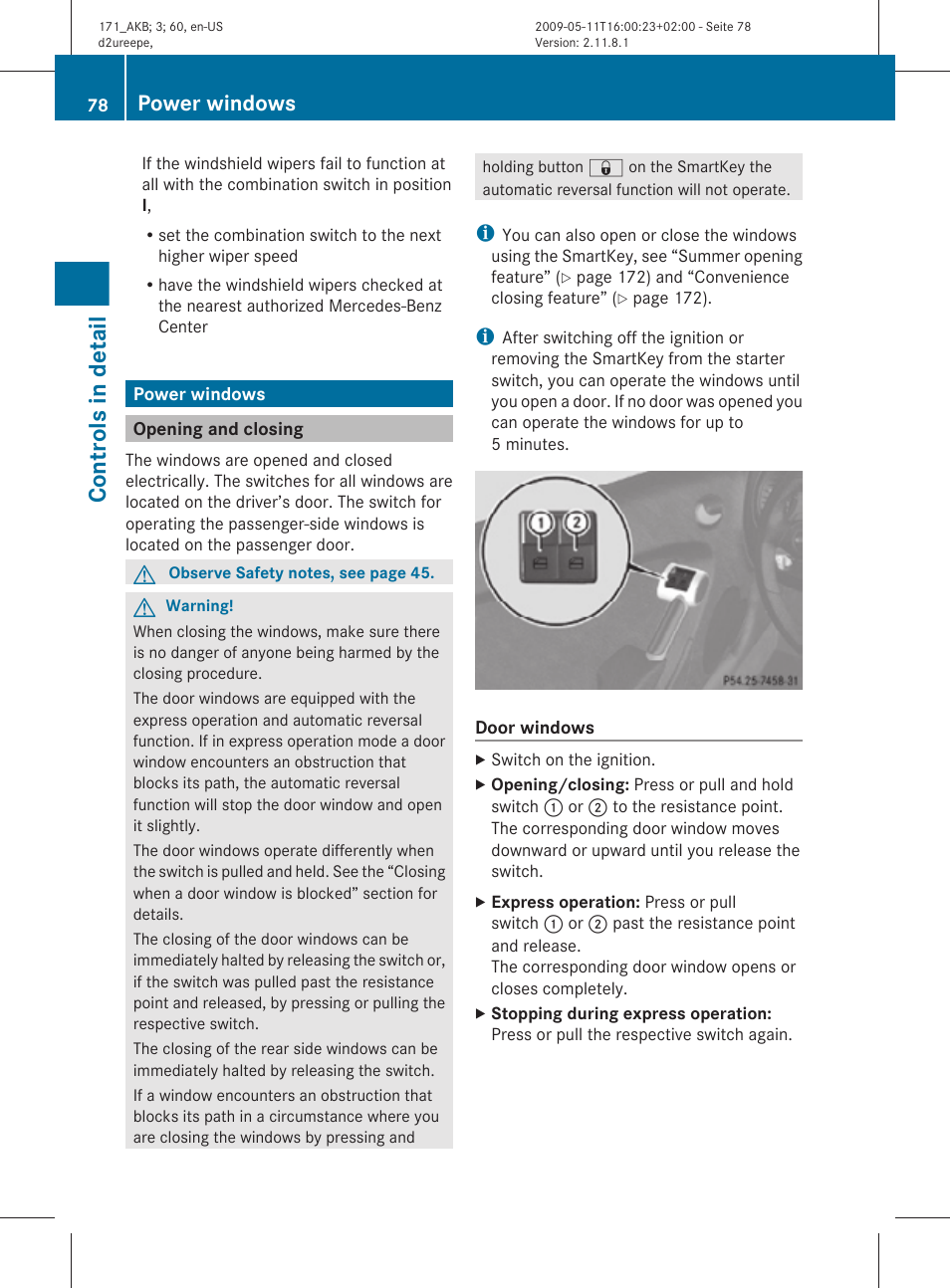 Power windows, Opening and closing, Controls in detail | Mercedes-Benz SLK-Class 2011 Owners Manual User Manual | Page 80 / 312