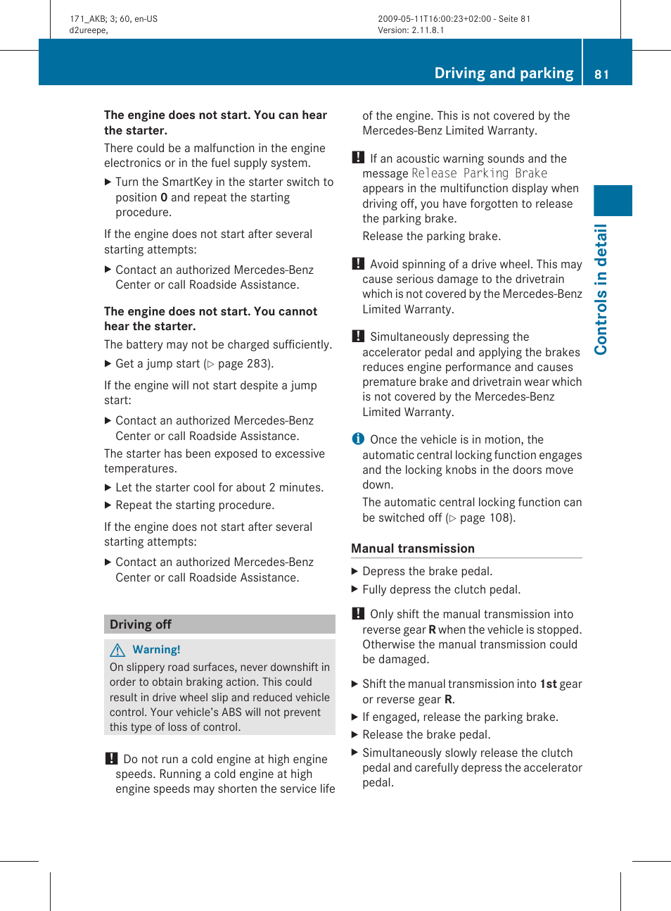 Driving off, Controls in detail, Driving and parking | Mercedes-Benz SLK-Class 2011 Owners Manual User Manual | Page 83 / 312