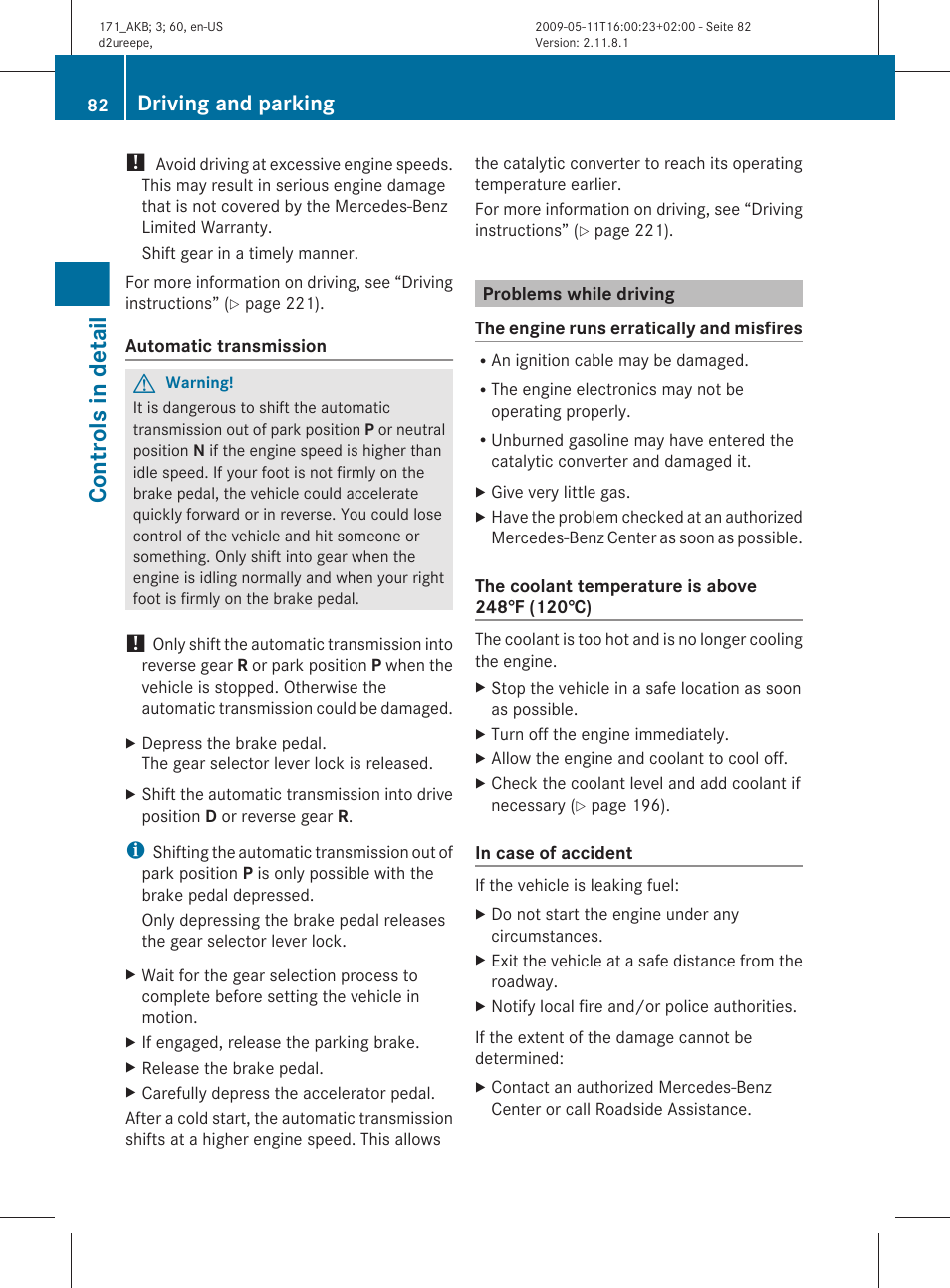 Problems while driving, Controls in detail, Driving and parking | Mercedes-Benz SLK-Class 2011 Owners Manual User Manual | Page 84 / 312