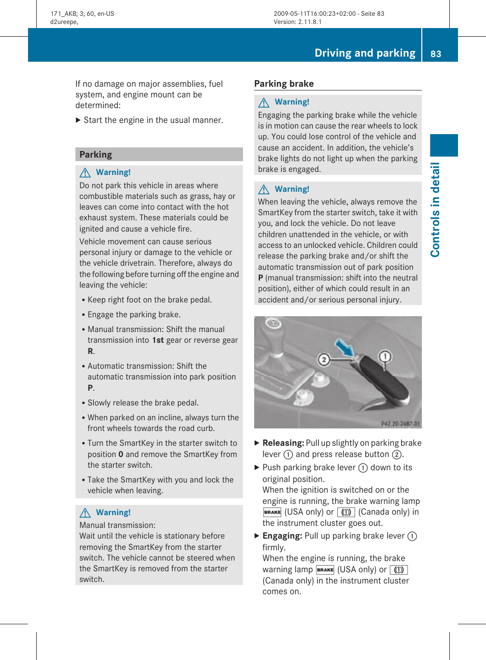 Parking, Controls in detail, Driving and parking | Mercedes-Benz SLK-Class 2011 Owners Manual User Manual | Page 85 / 312