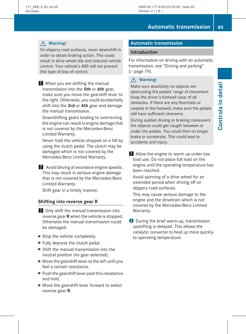 Automatic transmission, Introduction, Transmission | Controls in detail | Mercedes-Benz SLK-Class 2011 Owners Manual User Manual | Page 87 / 312