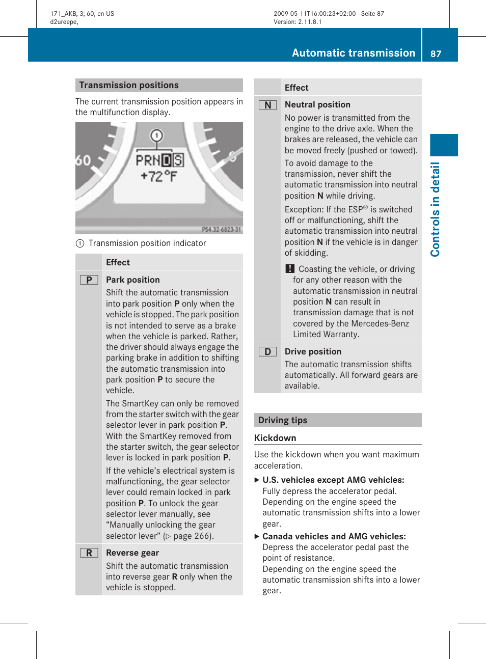 Transmission positions, Driving tips, Controls in detail | Automatic transmission | Mercedes-Benz SLK-Class 2011 Owners Manual User Manual | Page 89 / 312